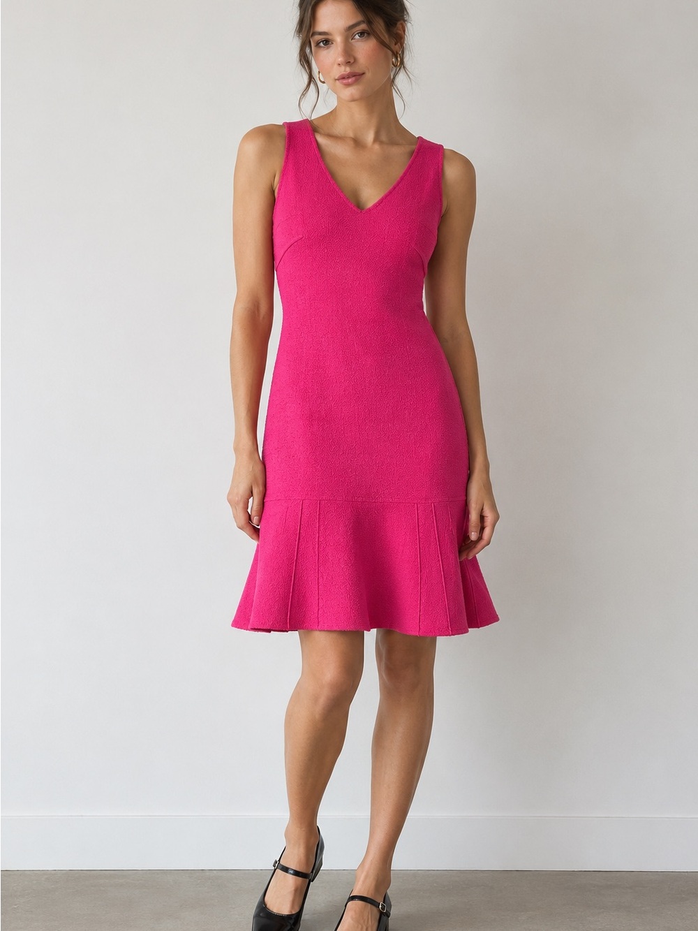 Escada Hot Pink wool Sleeveless V-Neck Fit-and-Flare Dress with matching blaze